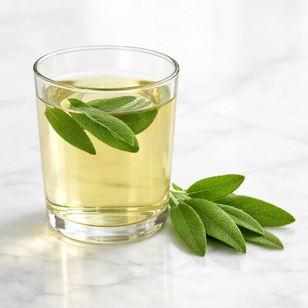 Clear glass of Salmia tea with fresh sage leaves on a modern marble surface.