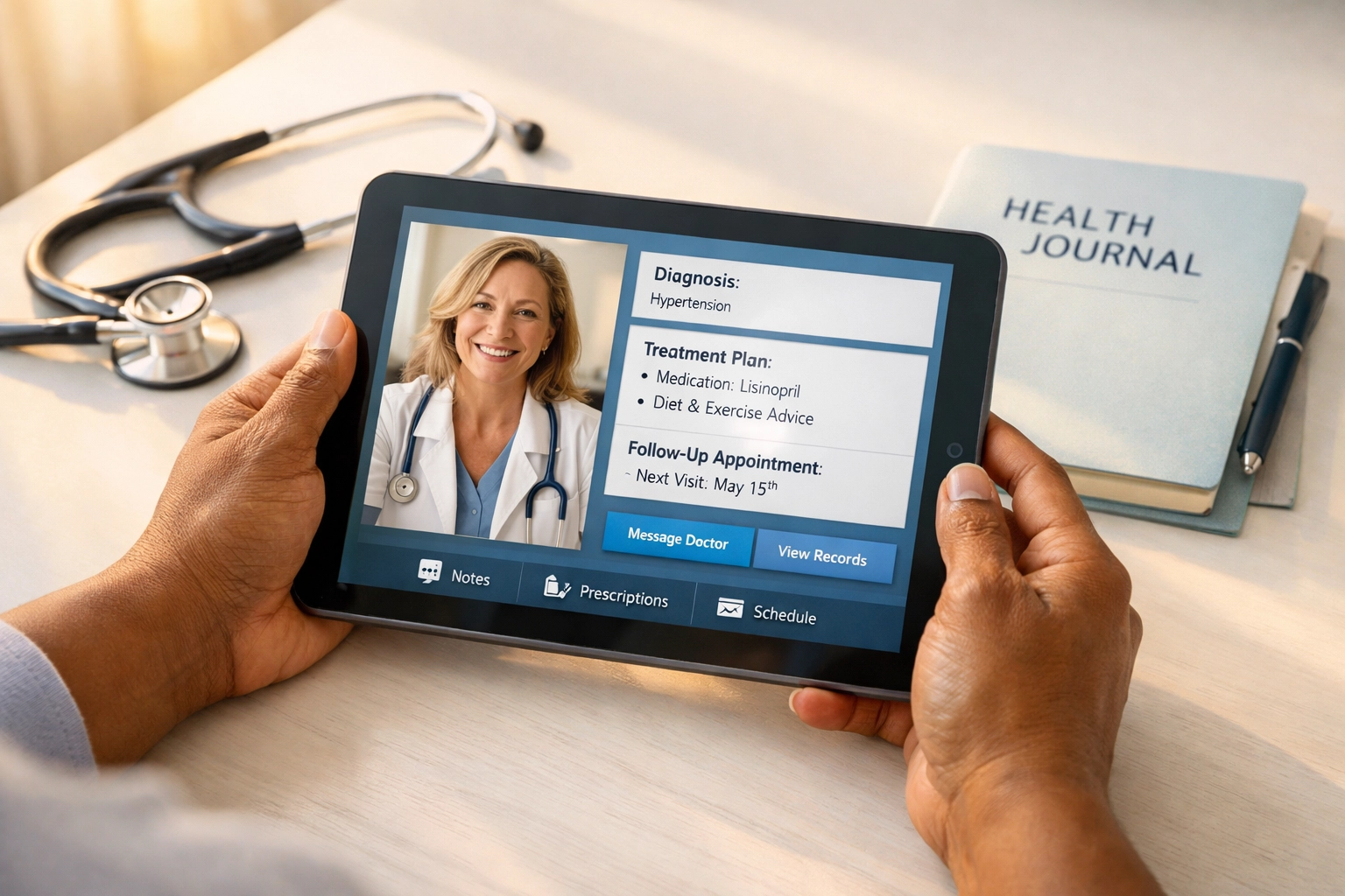 Patient using tablet for telehealth weight loss consultation with healthcare provider