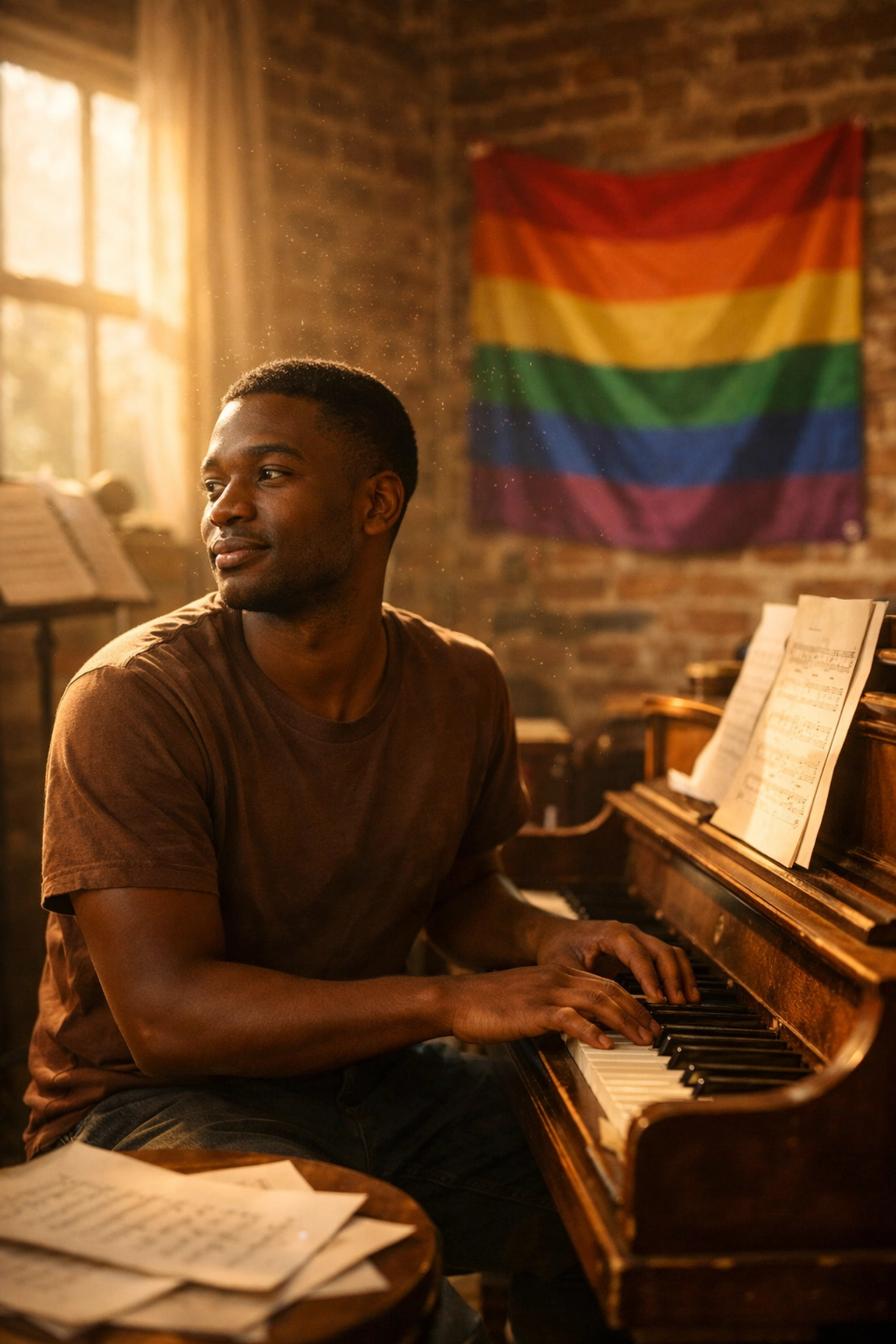 Gay Black musician playing piano in Atlanta rehearsal space with pride flag and sheet music