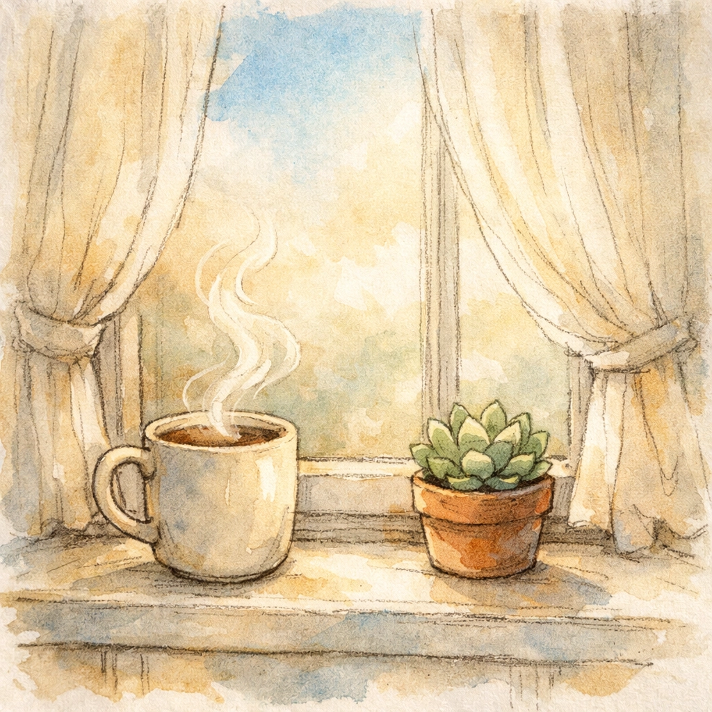 Peaceful kitchen window with steaming tea cup at midday representing a sacred pause for parents