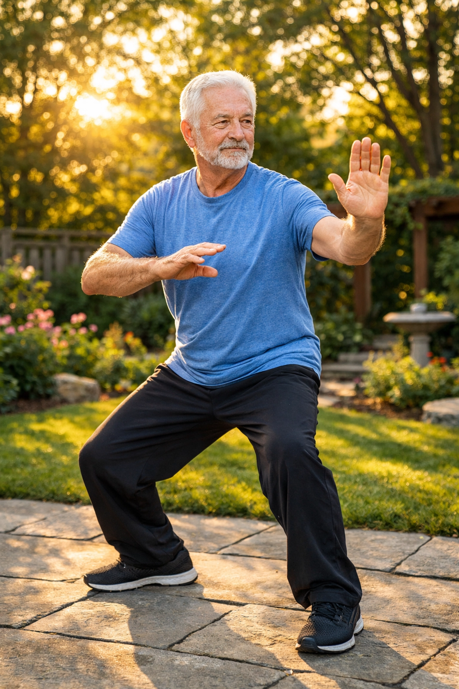 Active senior man practicing Tai Chi in a garden to improve balance and prevent falls.
