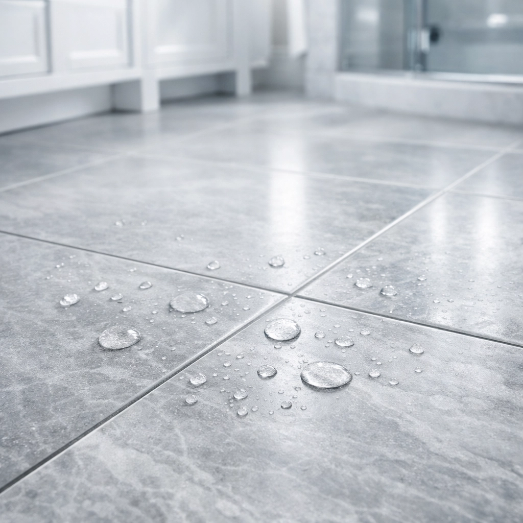 Ceramic tile flooring in bathroom showing moisture-resistant surface ideal for indoor air quality