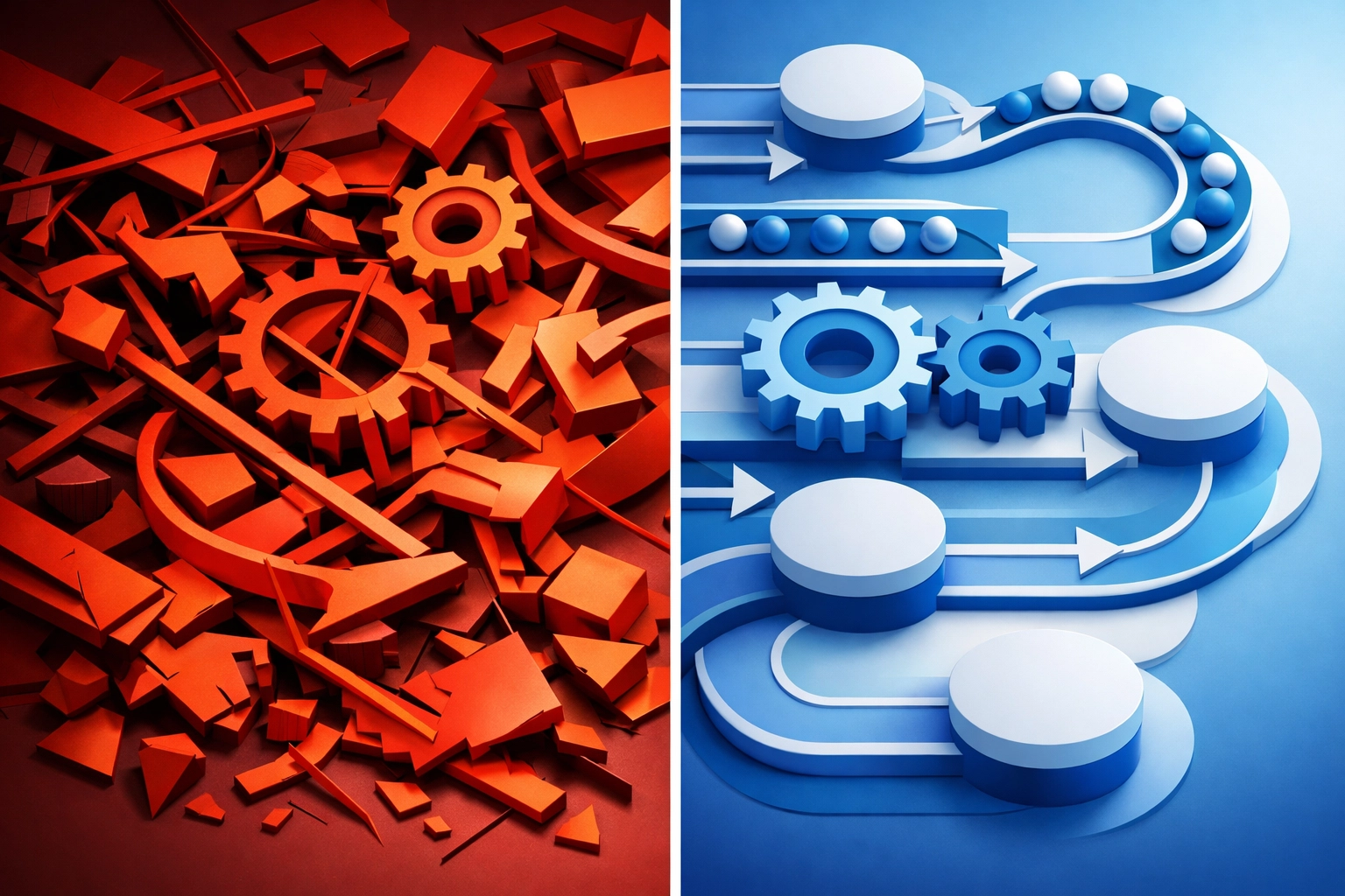 Before and after comparison of broken versus optimized business process automation workflow