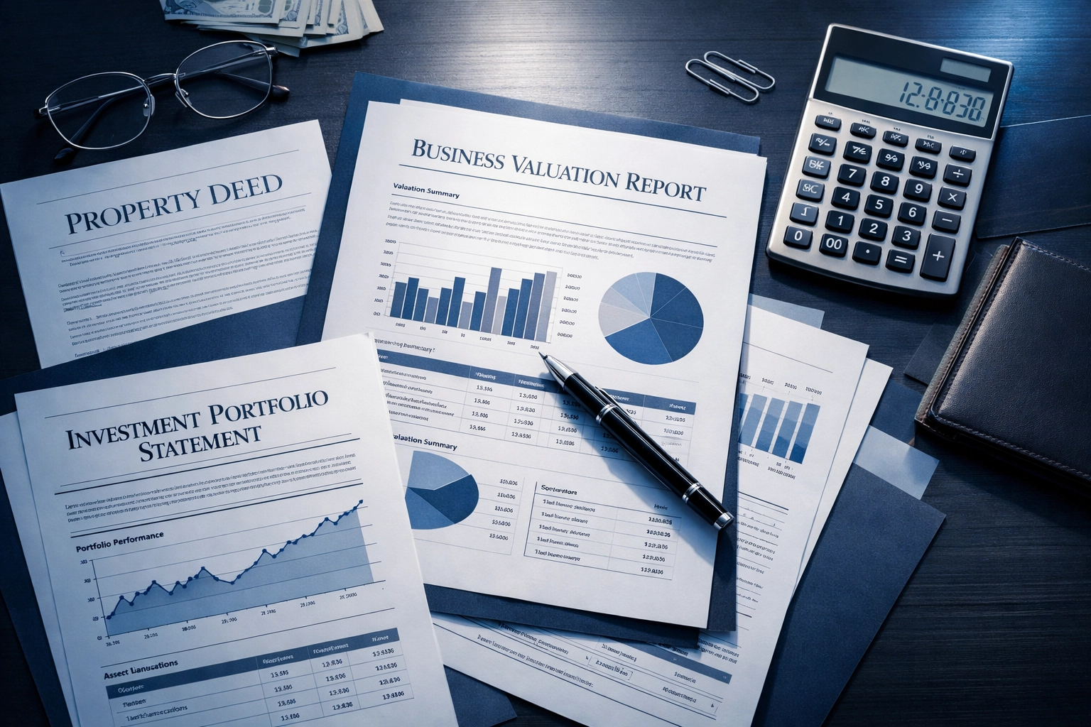 Complex divorce property division documents and financial statements