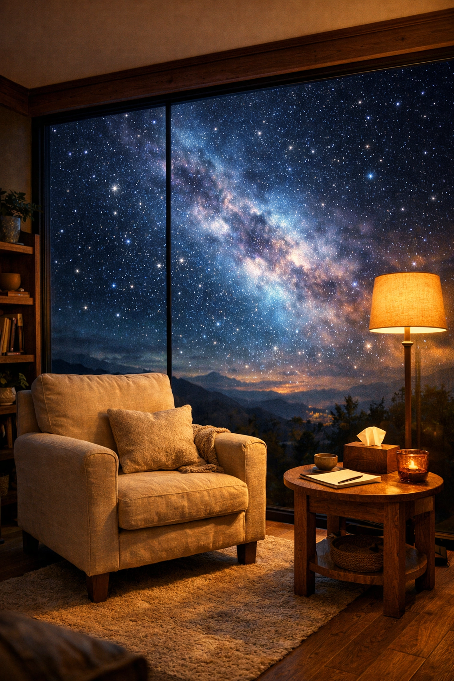 Peaceful therapy room overlooking a starry night, blending mental health and astrology for healing.