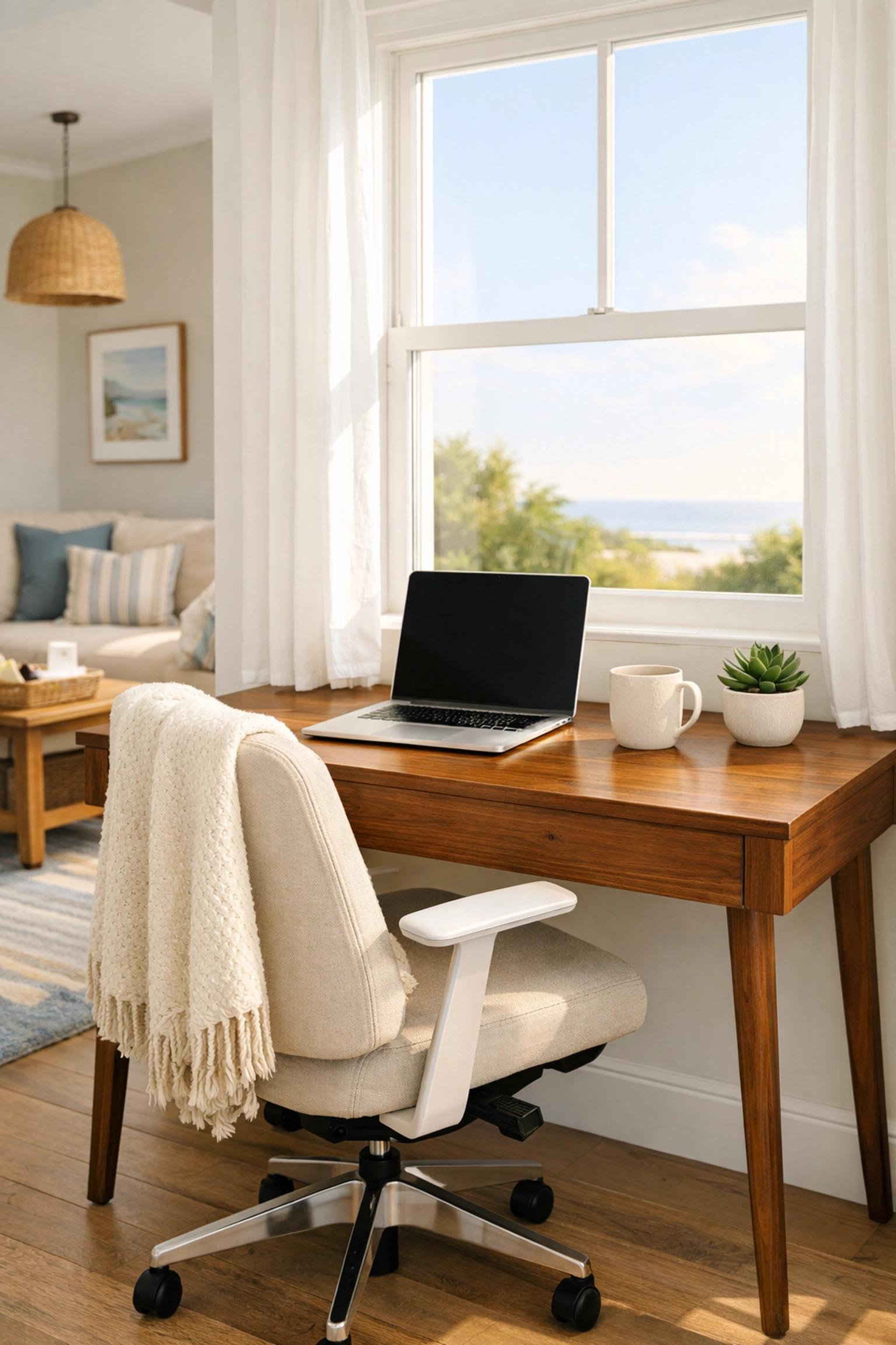 Modern home office nook with a mid-century desk and ergonomic chair in a sunlit Virginia rental cottage.