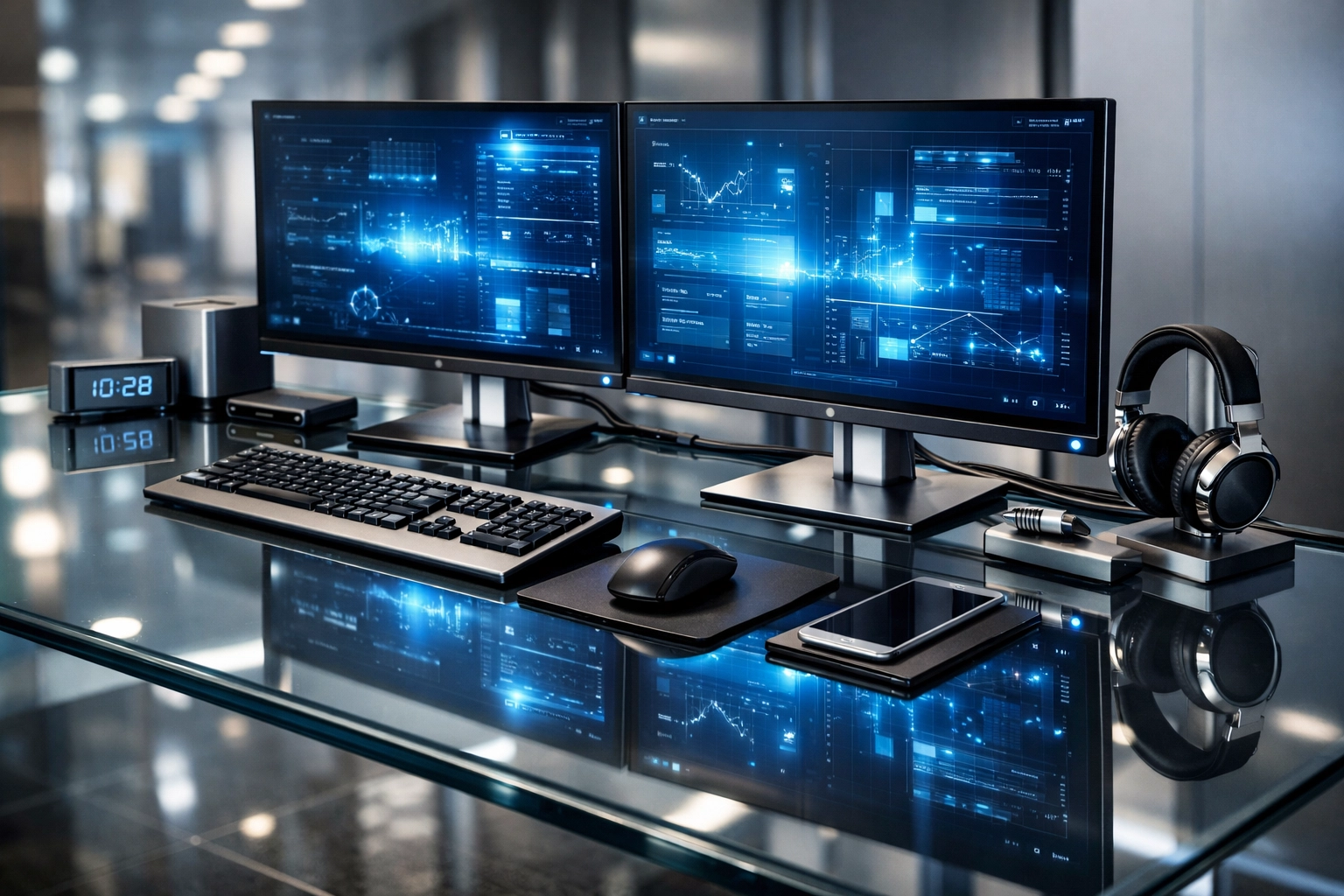 A sanitized office workstation with a streak-free glass desk, reflecting professional cleaning standards.