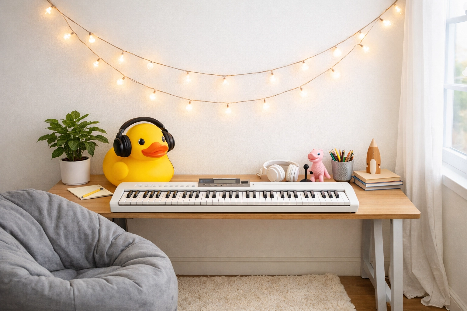 Inviting kids piano practice area with string lights and cozy seating