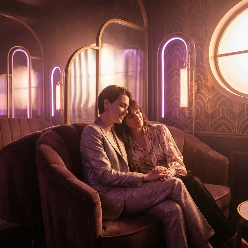 A couple sharing an intimate moment in a plush lounge, representing comfort and security in monogamy