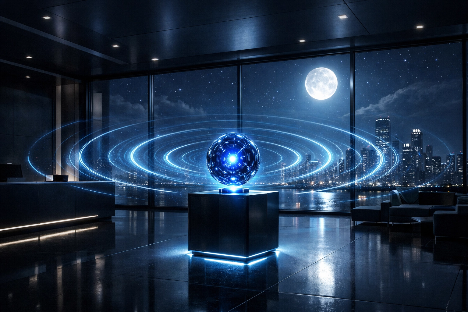 A glowing digital core in an office at night symbolizing 24/7 AI answering service availability.