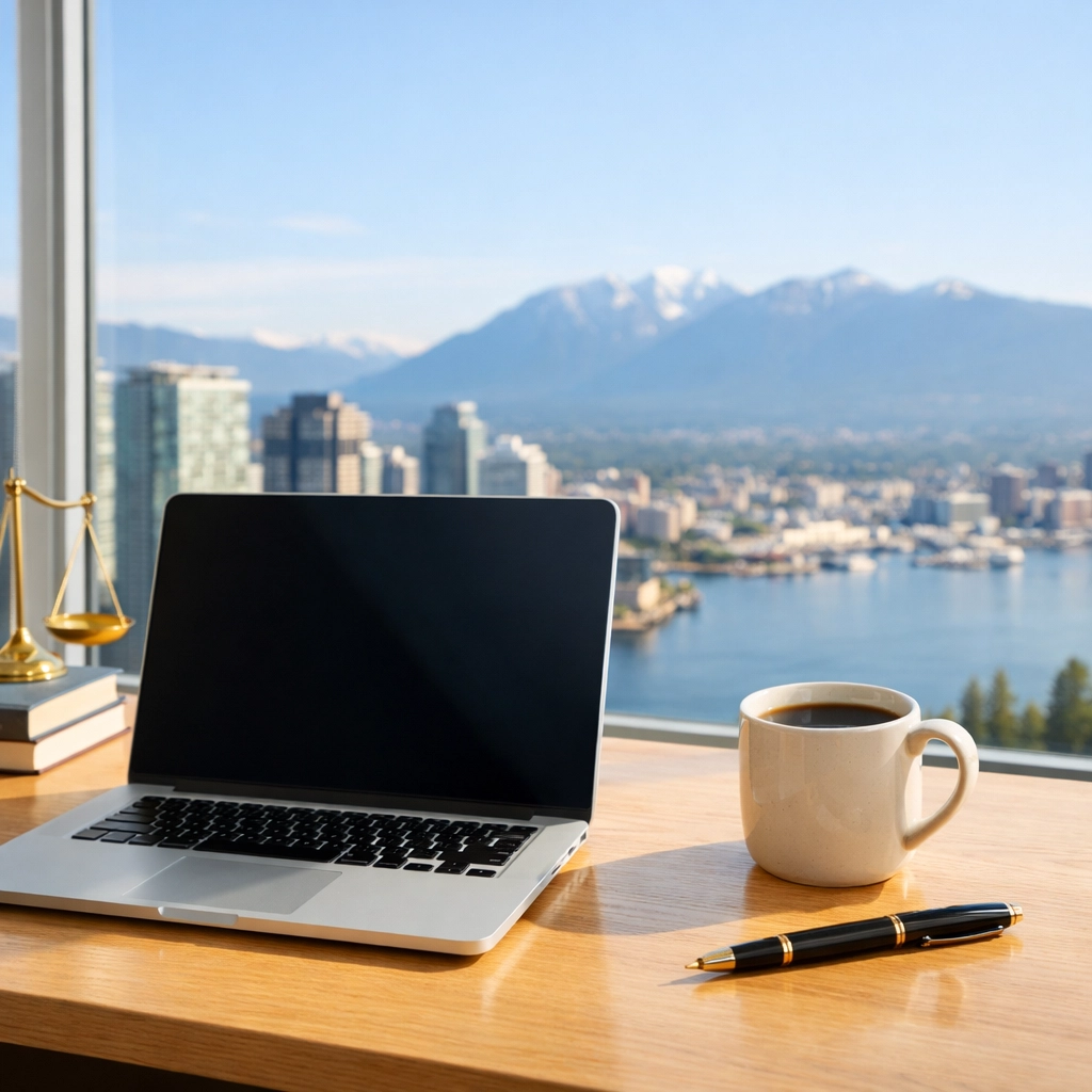 Modern Vancouver home office overlooking the skyline, ready for short-term rental licensing.