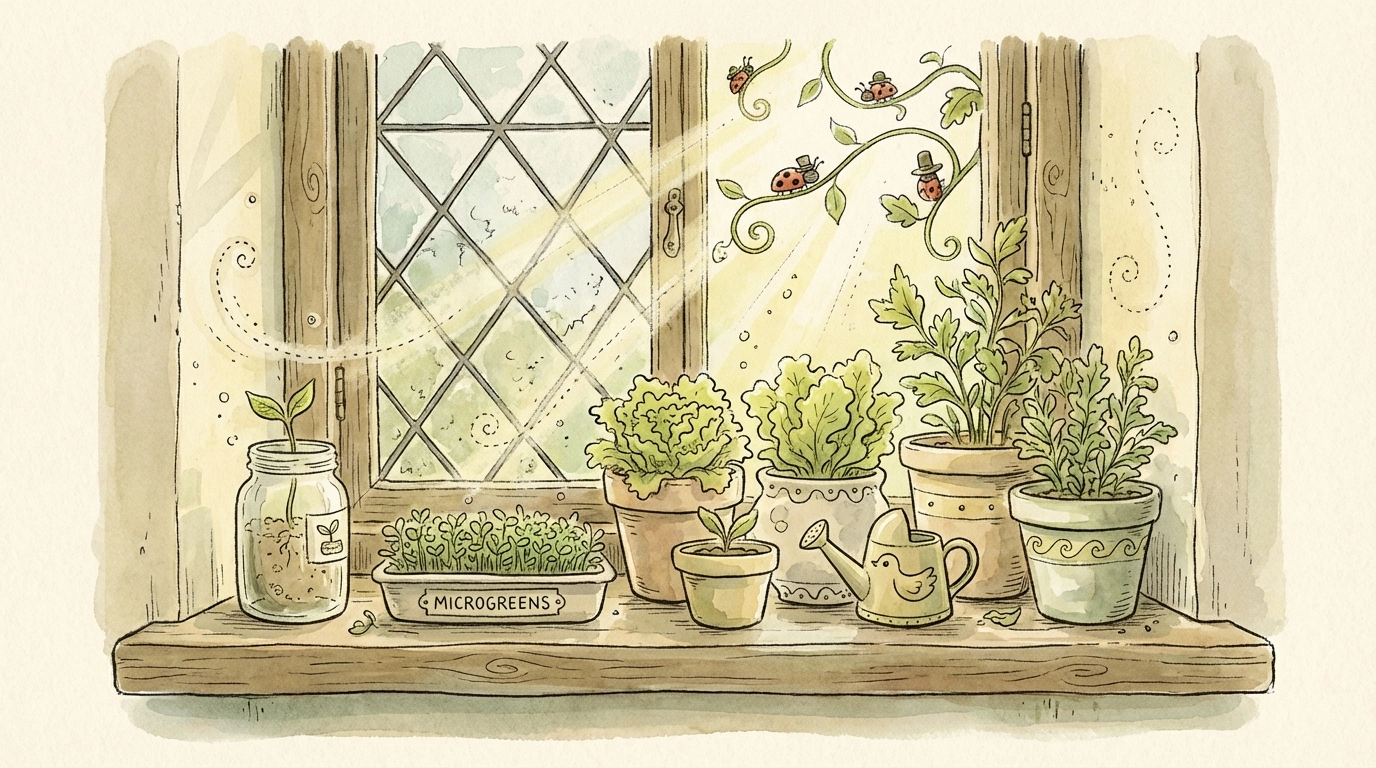 Classic storybook-style illustration of an indoor kitchen windowsill garden with lettuce, microgreens, and herbs