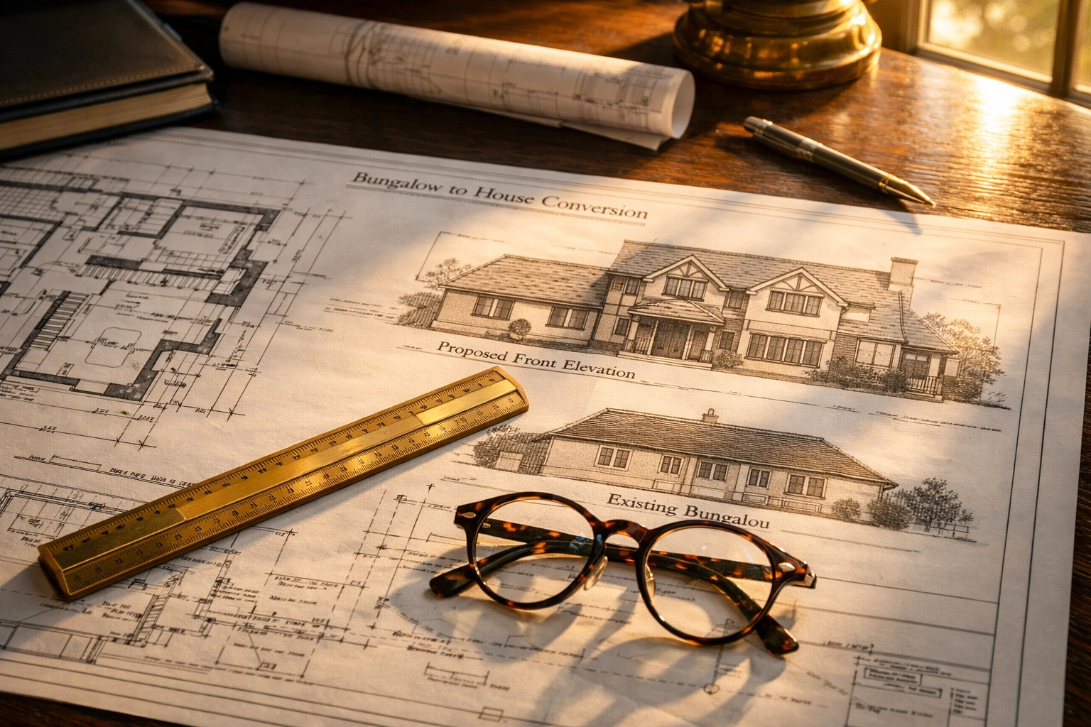 Professional architectural blueprints for a bungalow-to-house transformation in Chichester or Arundel.