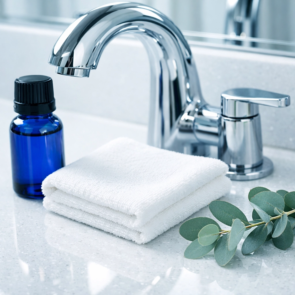 Detailed cleaning of a quartz bathroom vanity by a residential cleaning Massachusetts specialist.