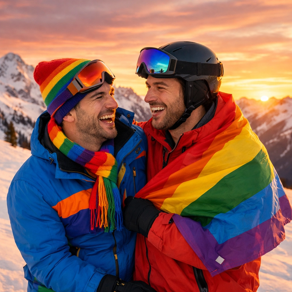 Gay couple enjoying winter pride ski trip on snowy mountain slope with rainbow accessories