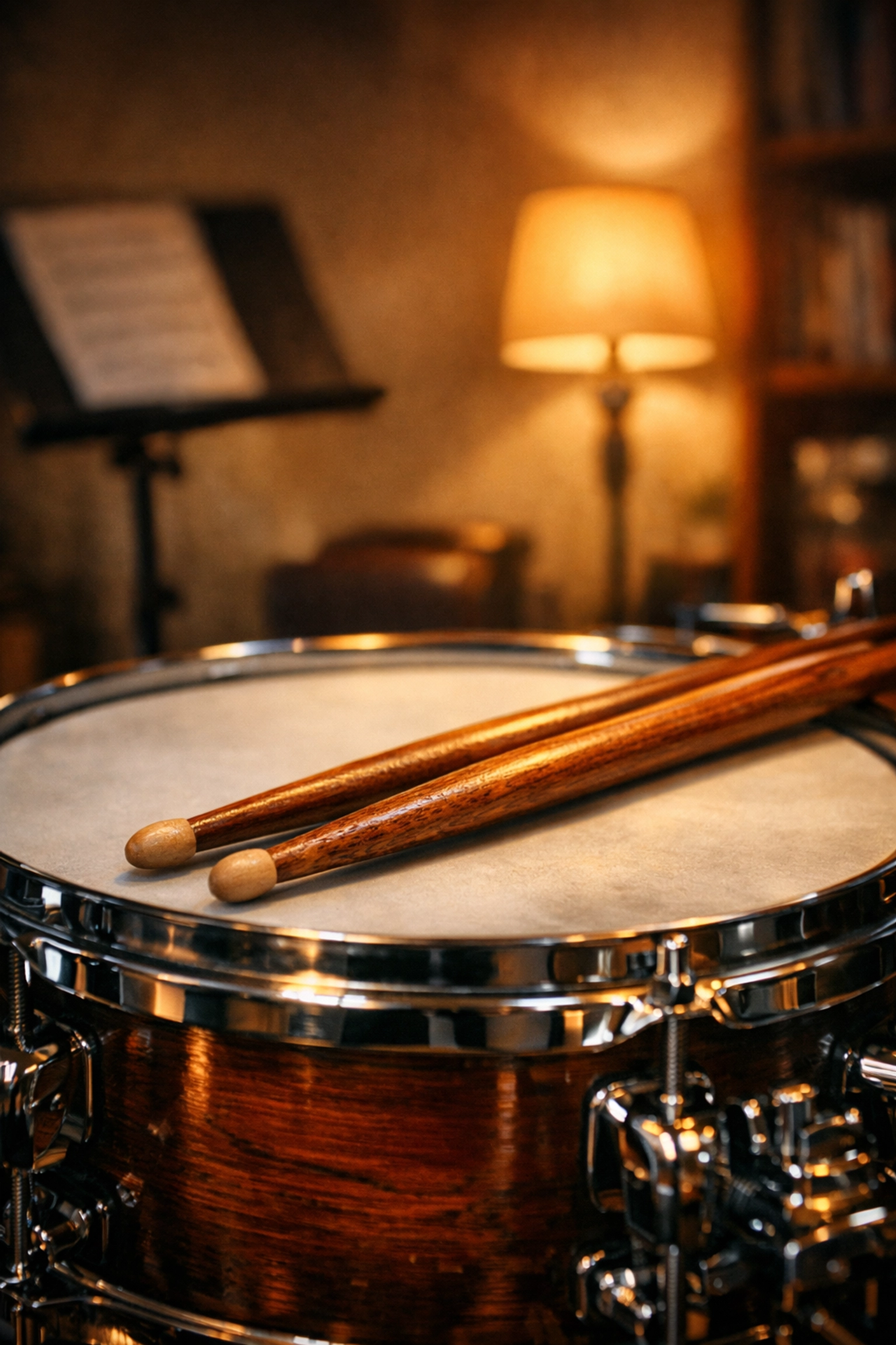 Professional drumsticks rest on a snare drum prepared for an efficient in-home music lesson.