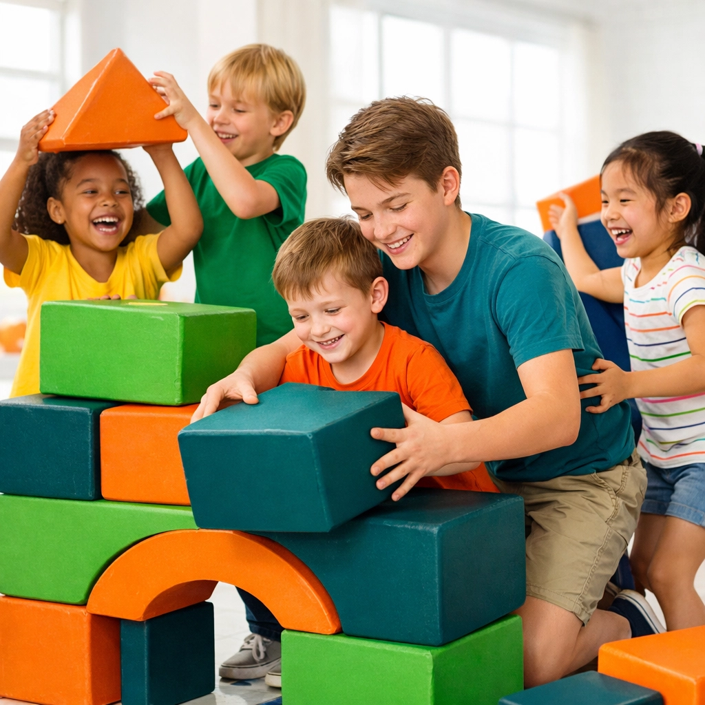 Diverse children practicing servant leadership and teamwork skills in a collaborative environment.