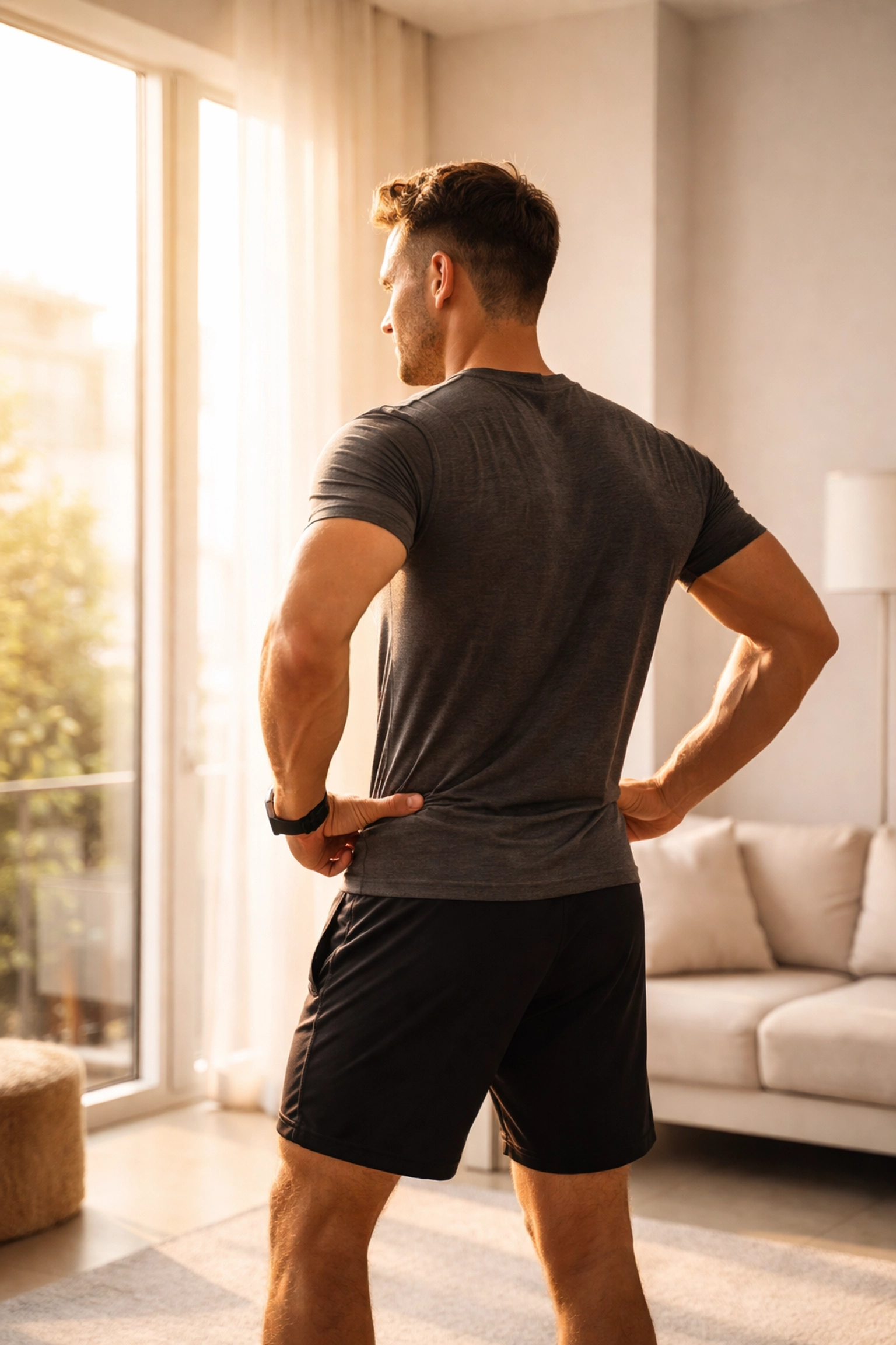 Athletic Houston man in workout gear looking out window, representing confidence from ab etching results