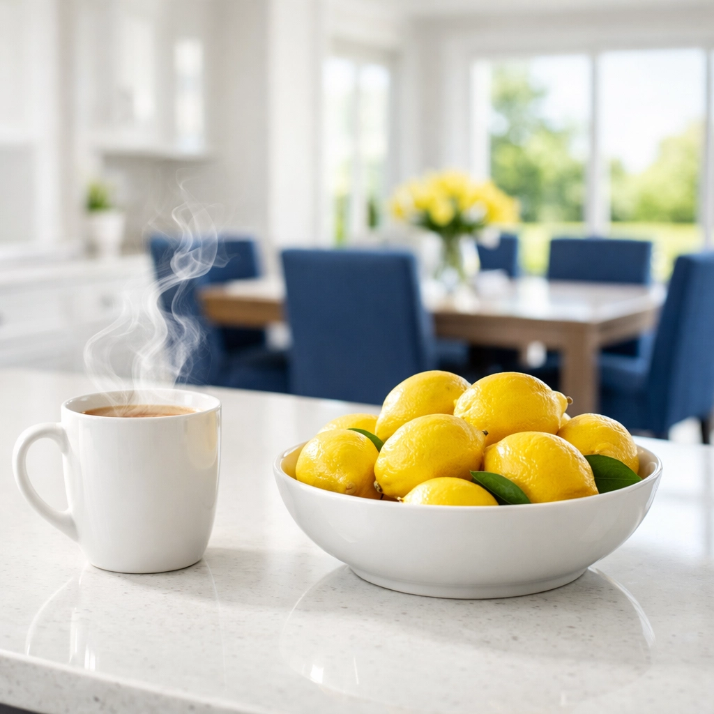 Sunlit, clean Westborough kitchen island and dining area after a weekly house cleaning visit.