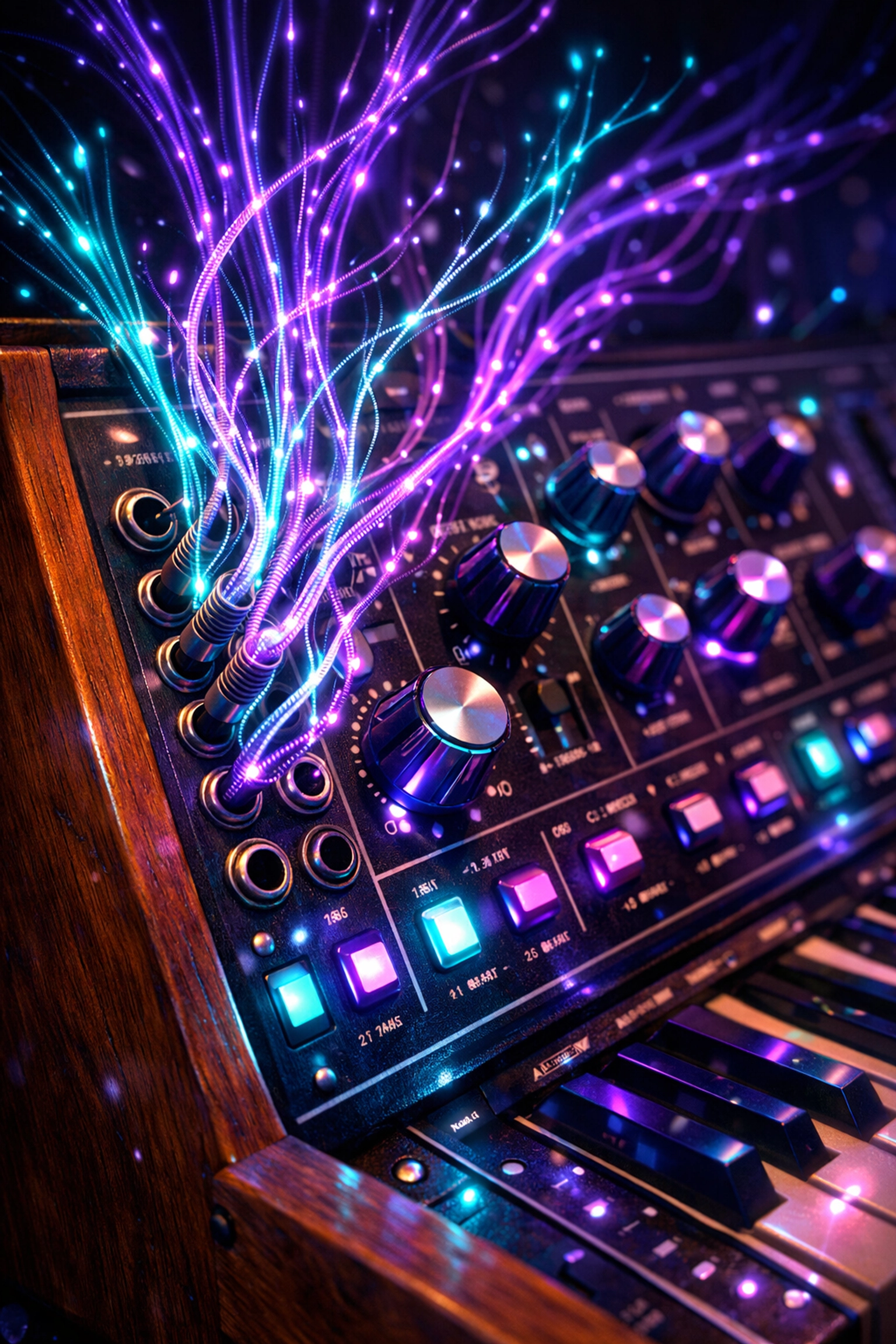 Analog synthesizer with glowing digital effects illustrating the role of AI in modern music creation.