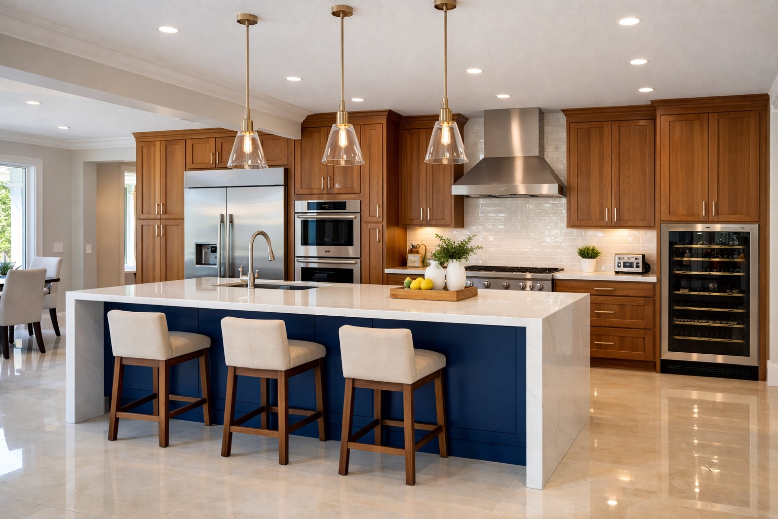 Beautiful kitchen remodeling in Orlando featuring a navy blue island with a quartz waterfall countertop.