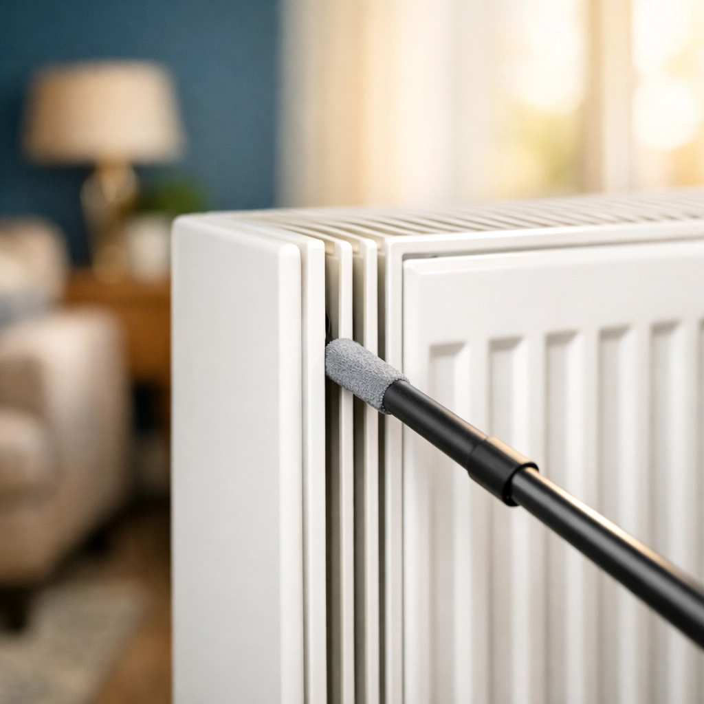 Using a narrow cleaning wand to remove dust from between radiator fins in a modern home.
