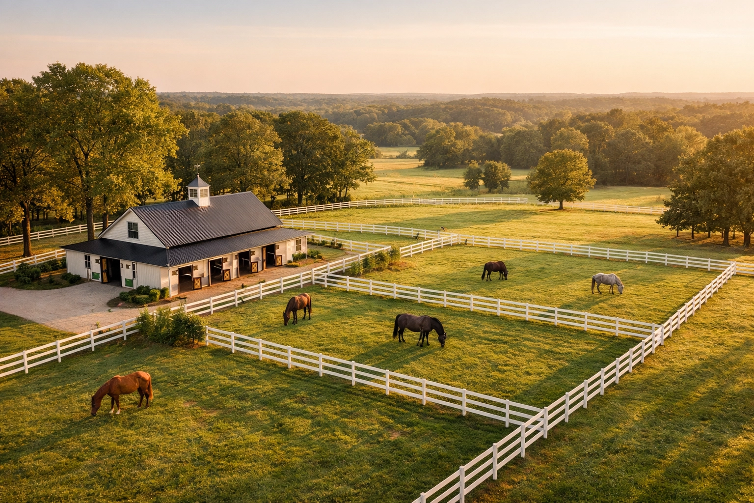 Aerial view of horse farm for sale in Waxhaw NC with barn, white fencing, and divided pastures
