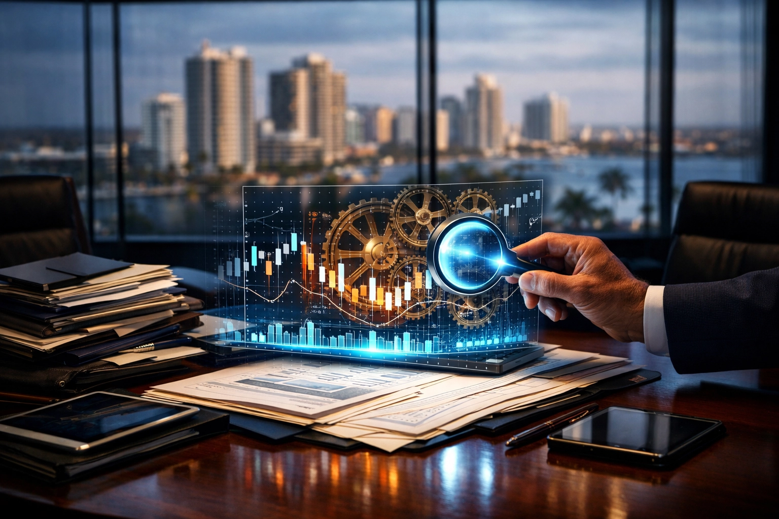 A Florida business broker analyzing financial records and data during a complex due diligence process.