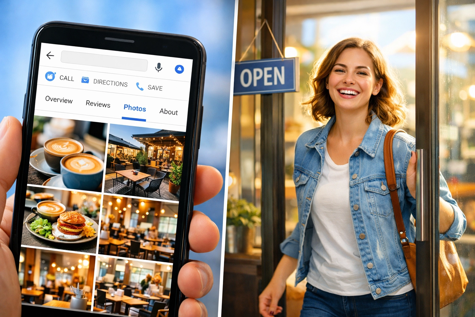 Customer viewing Google Business Profile photos on smartphone before visiting local business