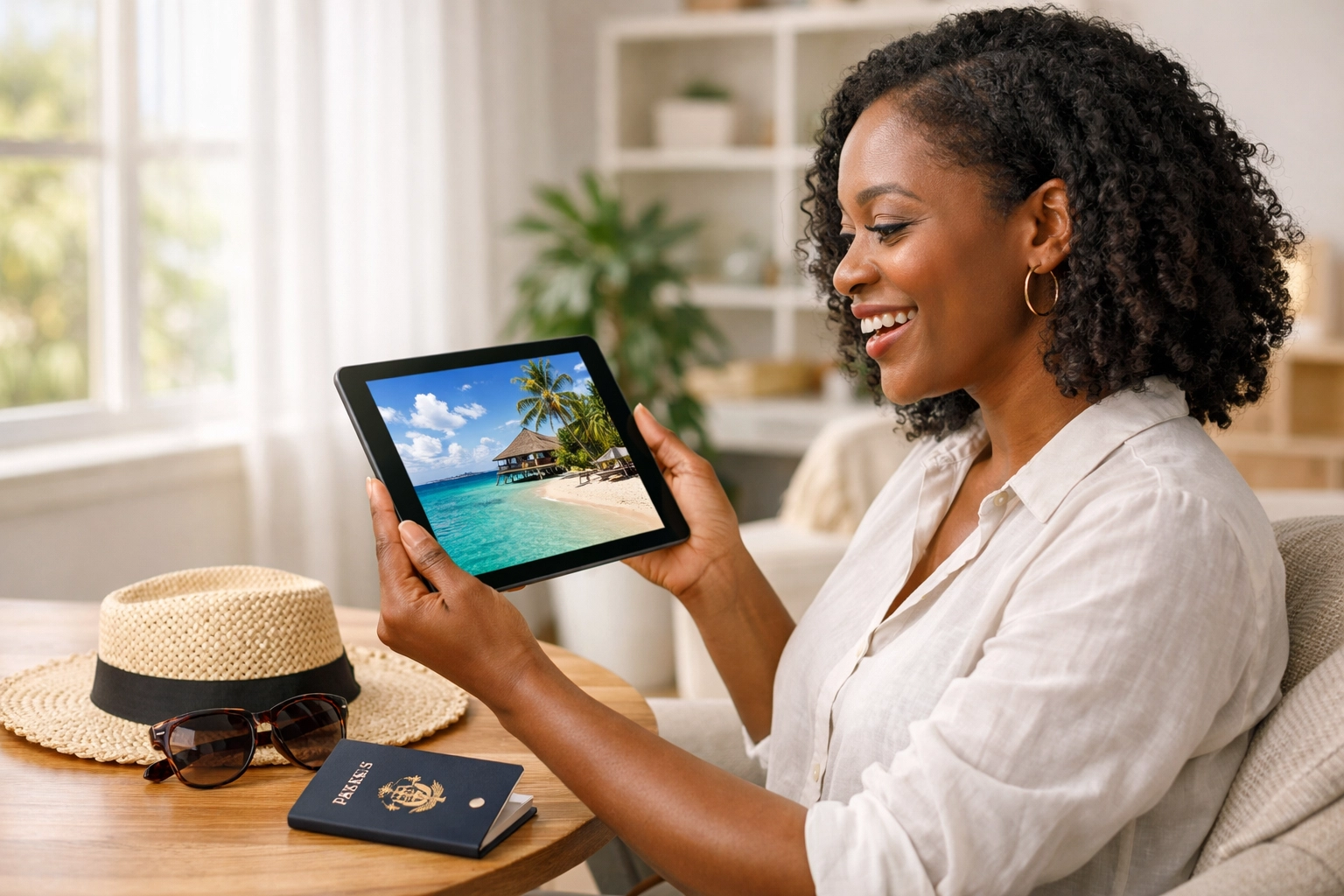 Omaha travel agent client planning a luxury lifestyle cruise using her tablet at home.