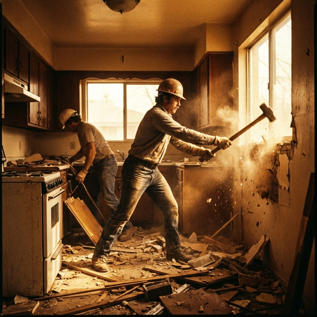 Renovation crew demolishing a kitchen with a sledgehammer, illustrating behind-the-scenes social media content for contractors.