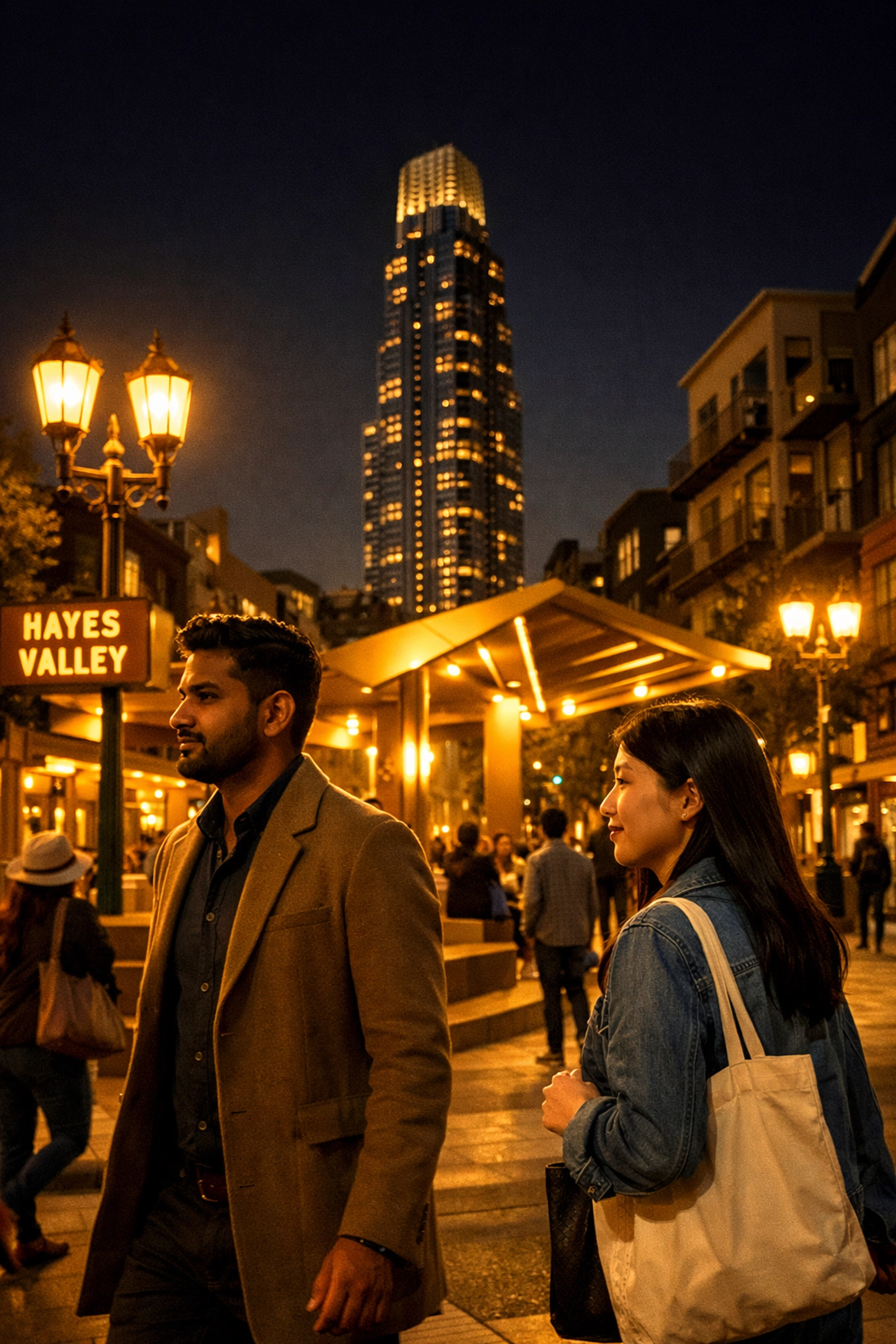 Vibrant Hayes Valley street scene showing community energy around a new vertical neighborhood development.