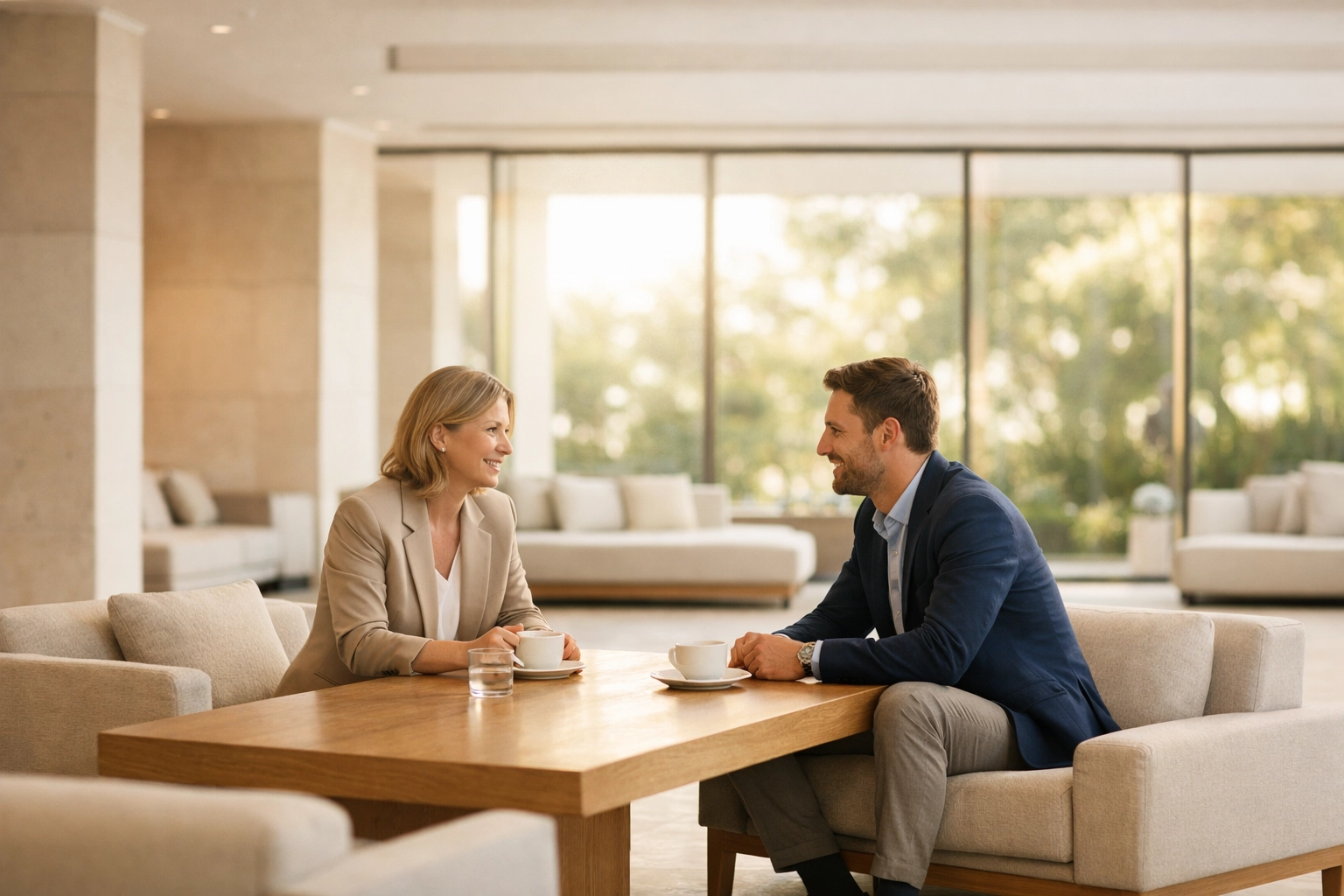 Hotel recruitment professionals building a talent pipeline in a modern hospitality setting.