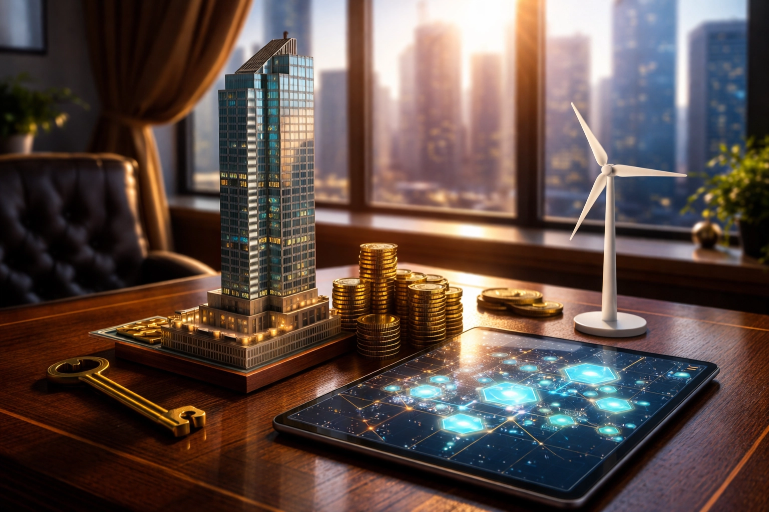 Desk with private equity, real estate, and crypto symbols highlighting alternative investments in institutional portfolios