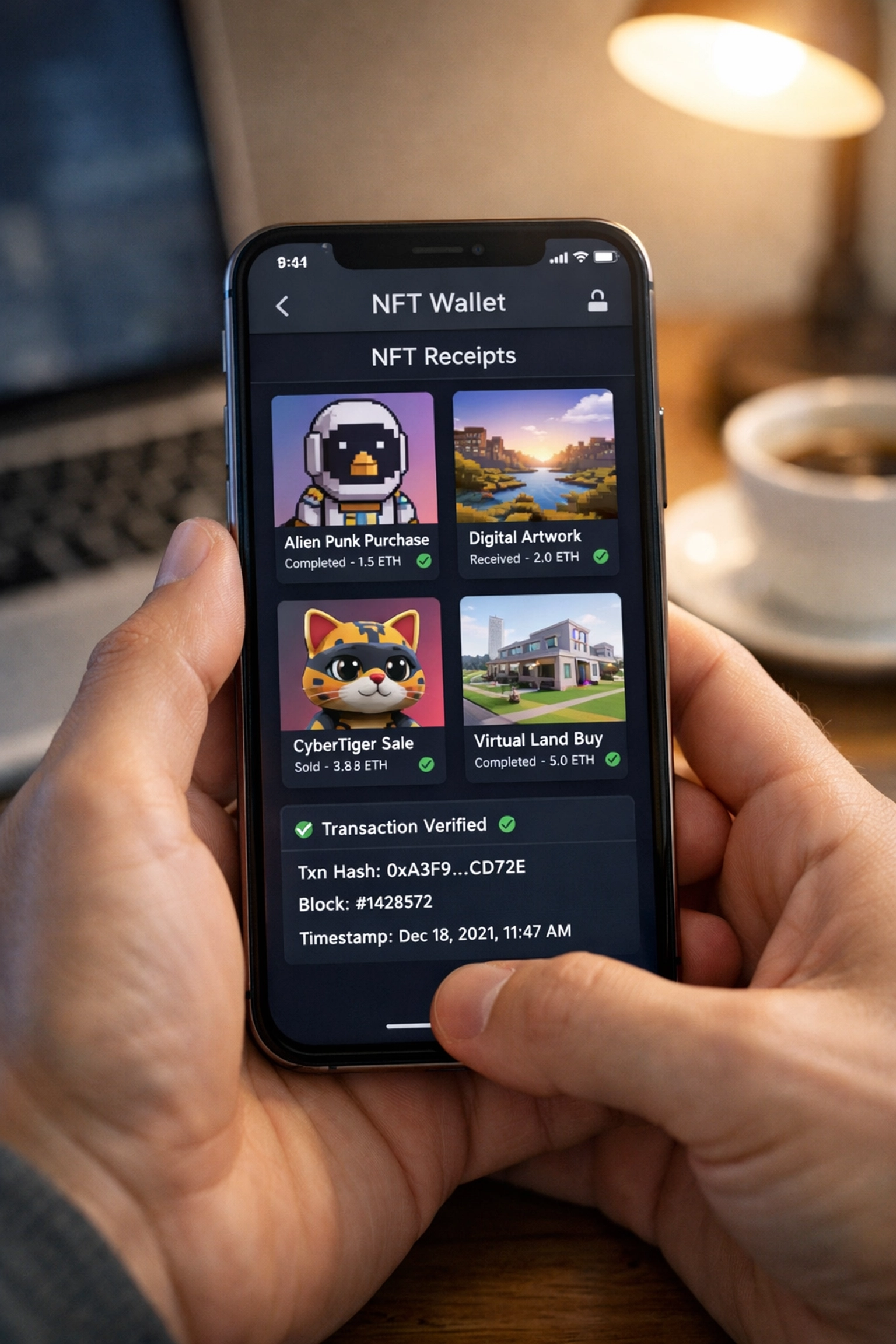 Digital wallet on smartphone displaying NFT receipt grid for merchant accounting and transaction tracking