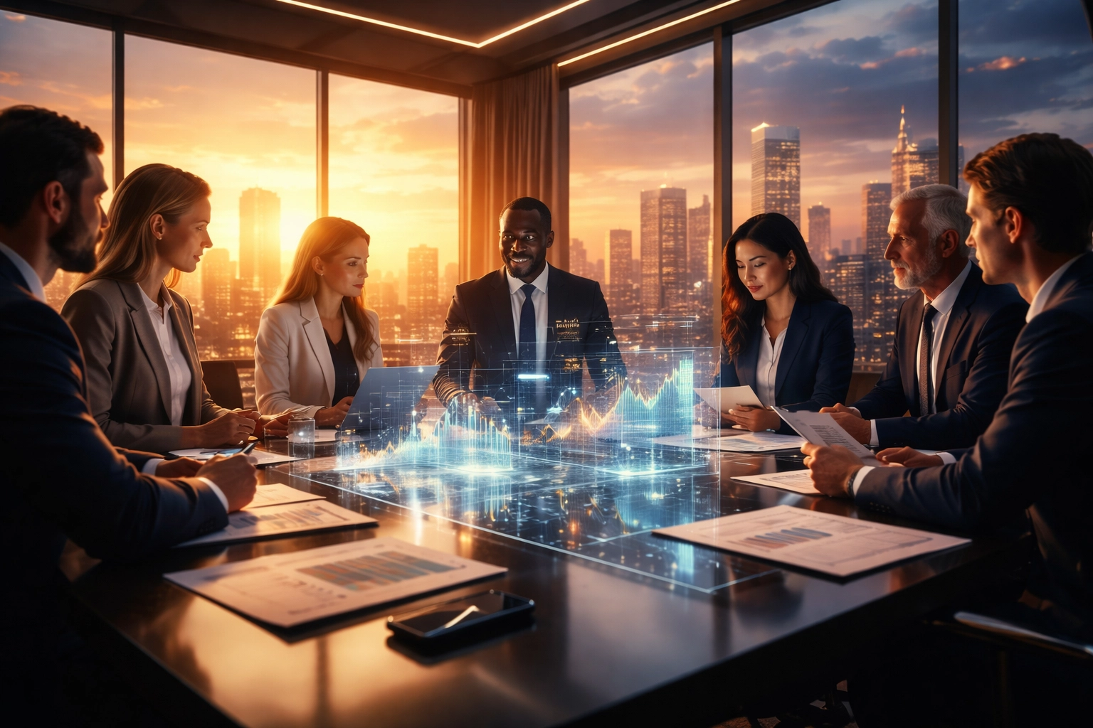 Business professionals collaborating in a modern conference room, symbolizing accredited investor group opportunities