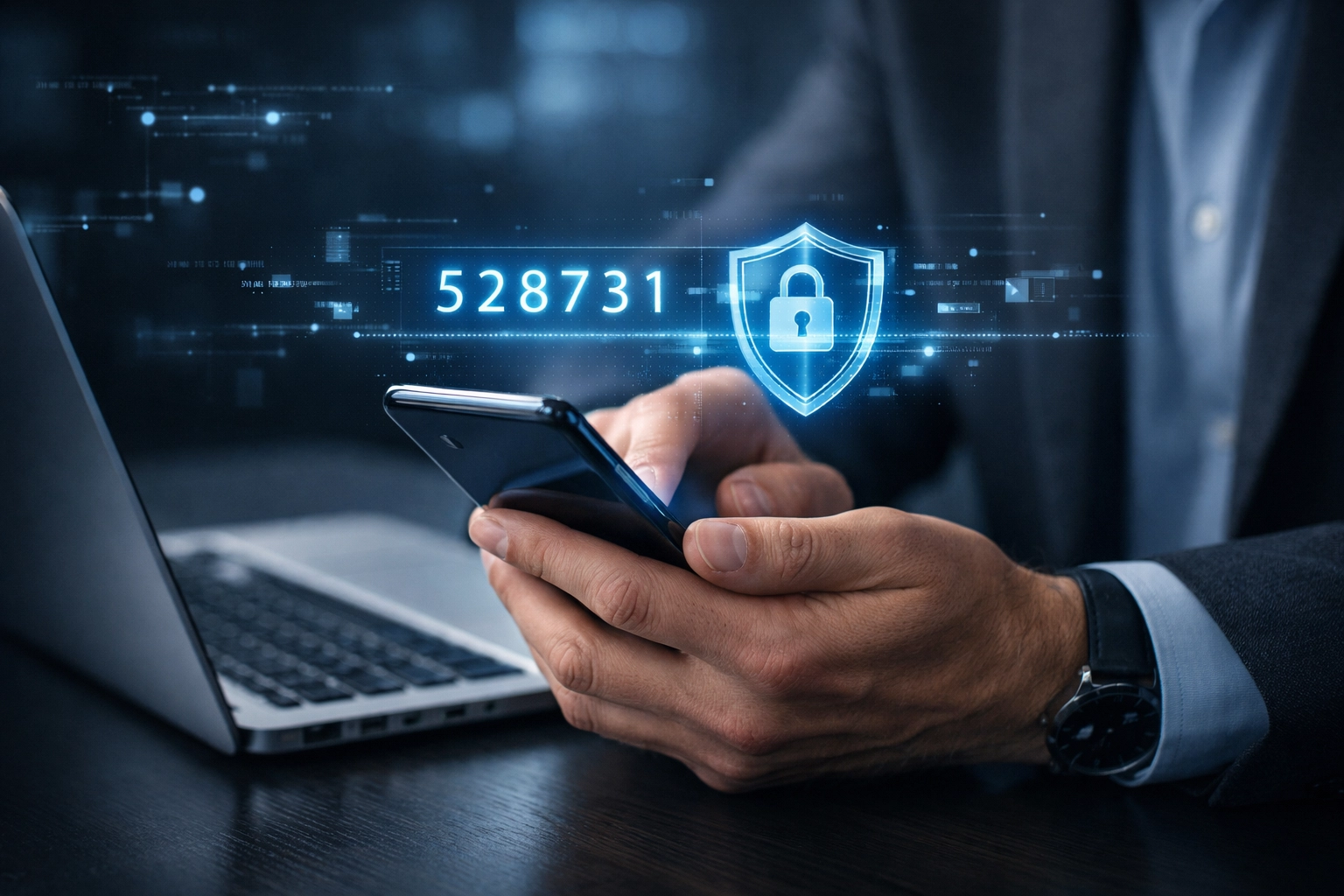 Business owner using a smartphone and laptop to manage an IRS Identity Protection PIN for tax season security.