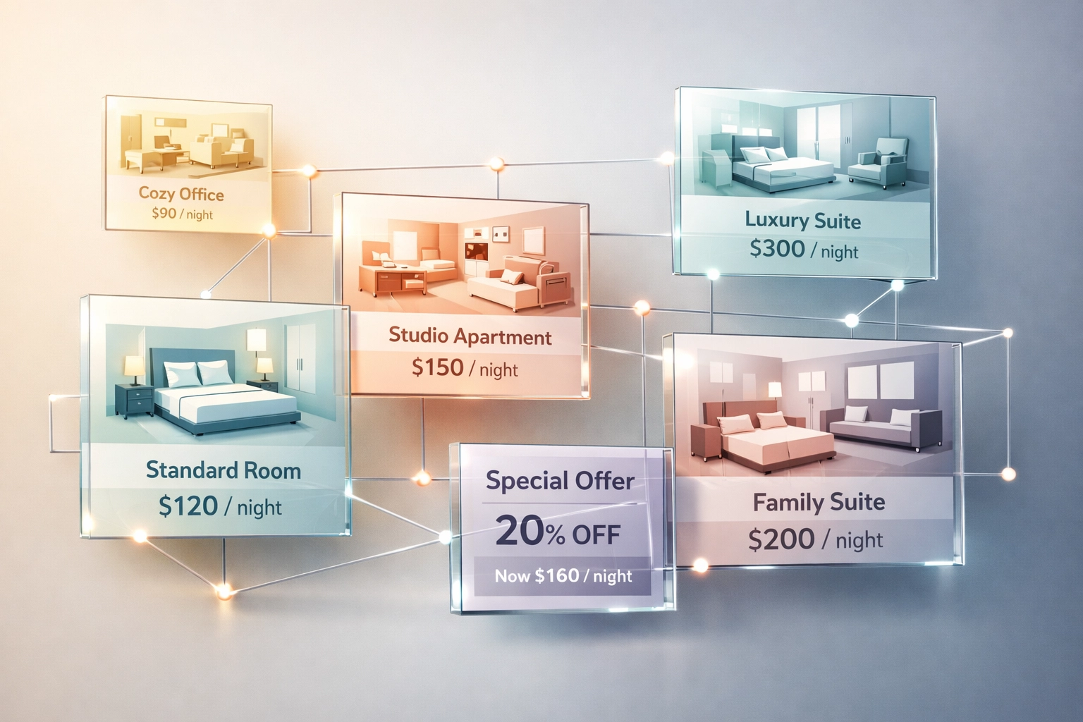 Connected hotel management system showing synchronized room types and rate plans across channels