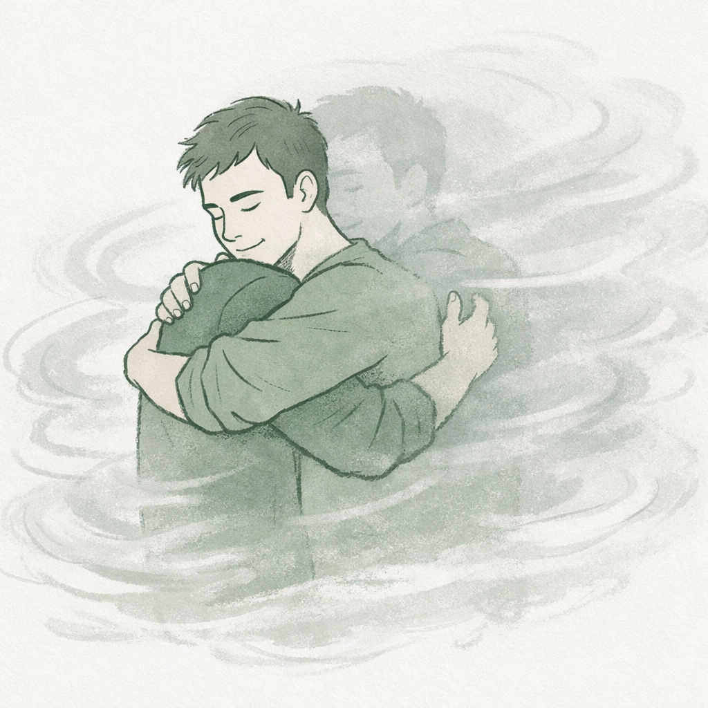 Gay couple embracing while emerging from fog, symbolizing breaking emotional barriers