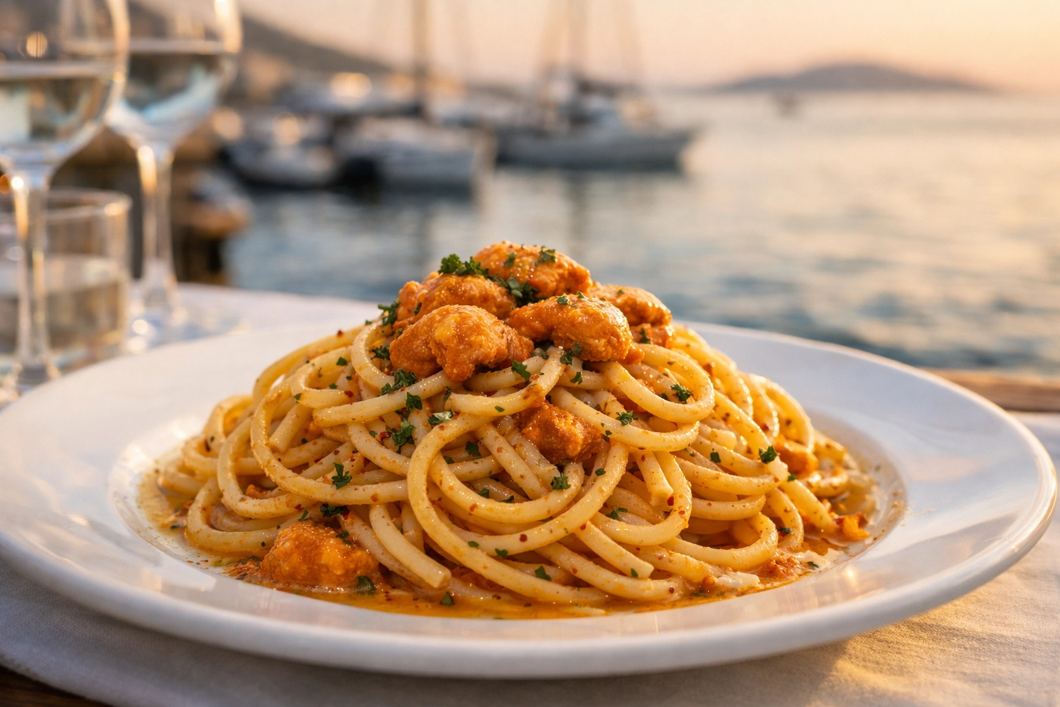 Sea urchin pasta served at a waterfront table in Alghero with the sea softly blurred in the background