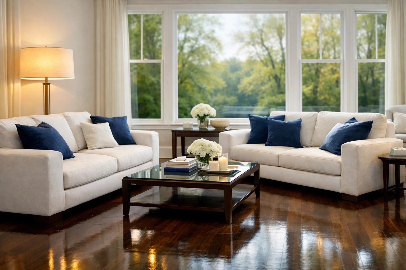 Impeccably clean Winchester MA living room with polished hardwood floors and guest-ready residential interiors.