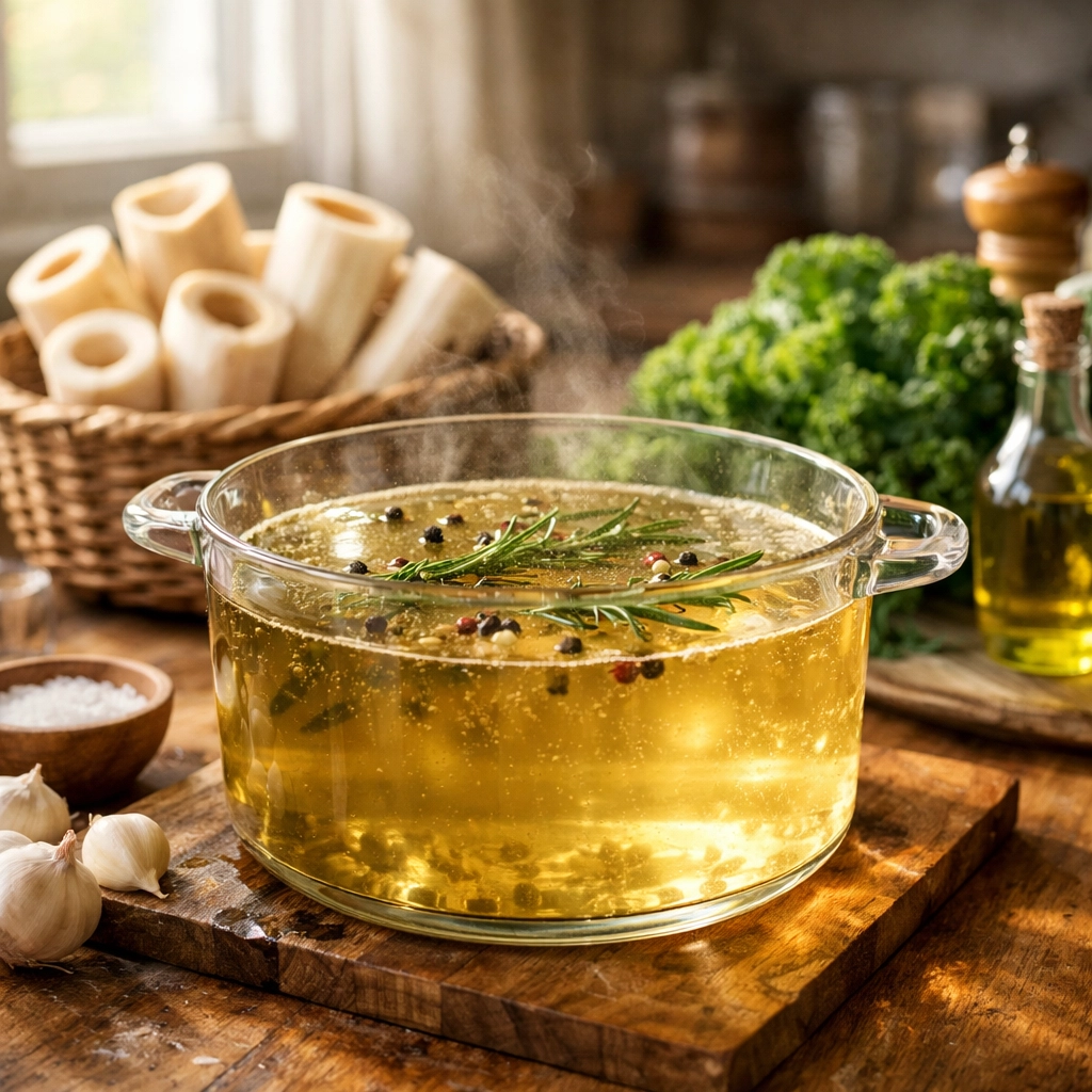 Clear glass pot of simmering bone broth with organic marrow bones and herbs on a wooden counter.