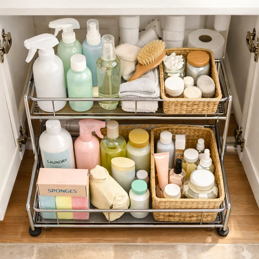 Two-tier sliding organizer with baskets and toiletries under bathroom sink cabinet