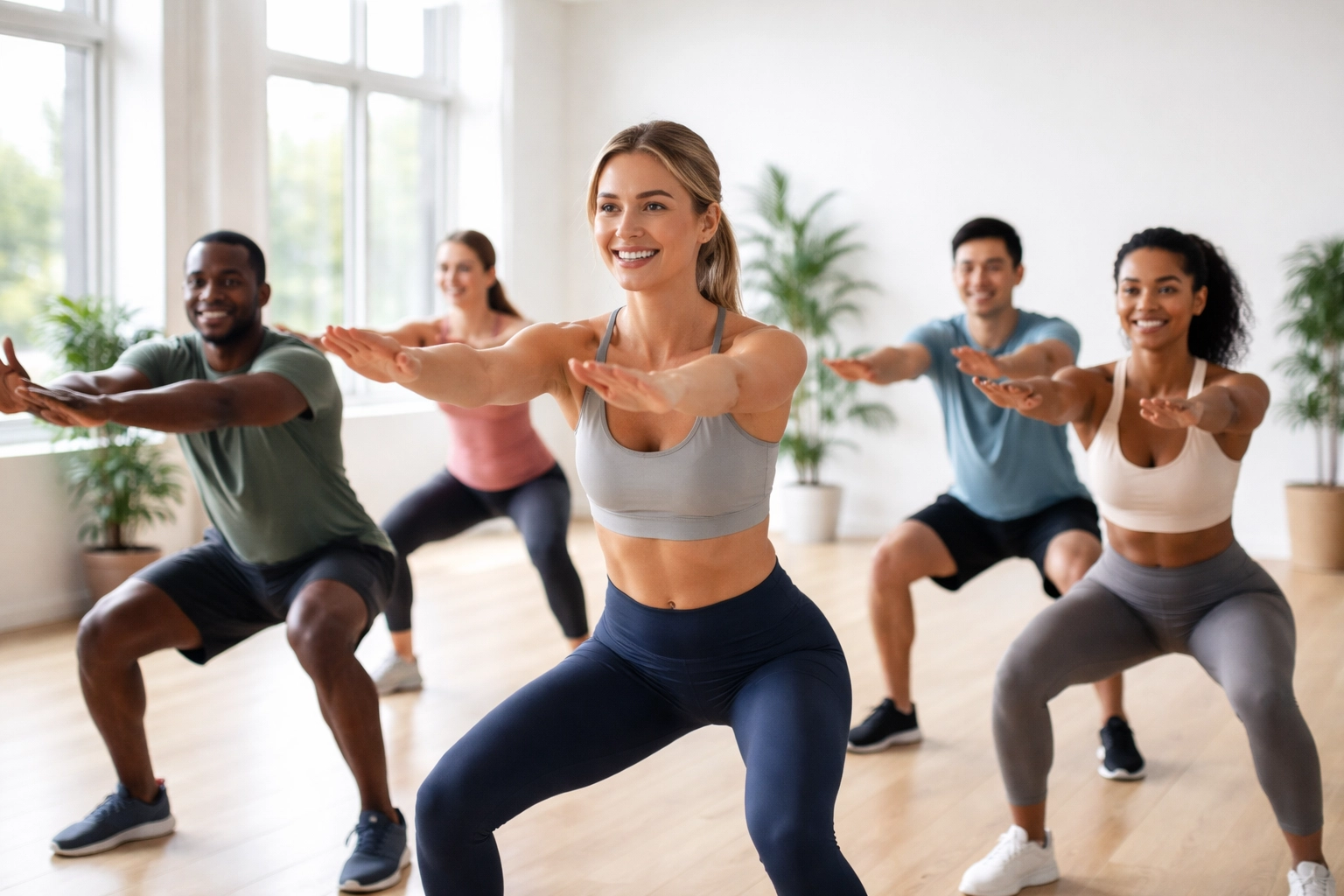 Fitness professional leading a group exercise class