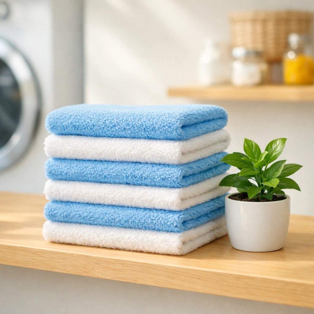 A stack of reusable microfiber cloths and a green plant, representing eco-friendly cleaning supplies.