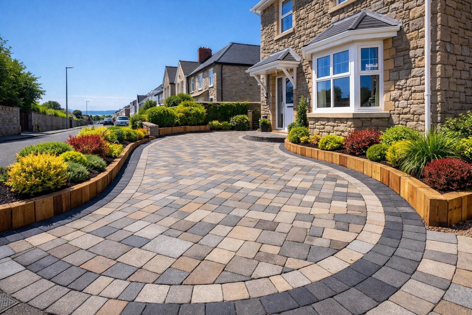 Stunning finished block paving driveway with professional landscaping for a Barry property.