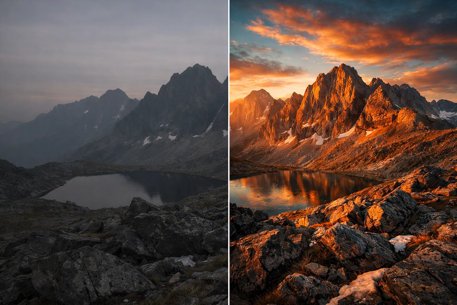 Before and after photo comparison of a landscape edited using Luminar Neo AI presets.