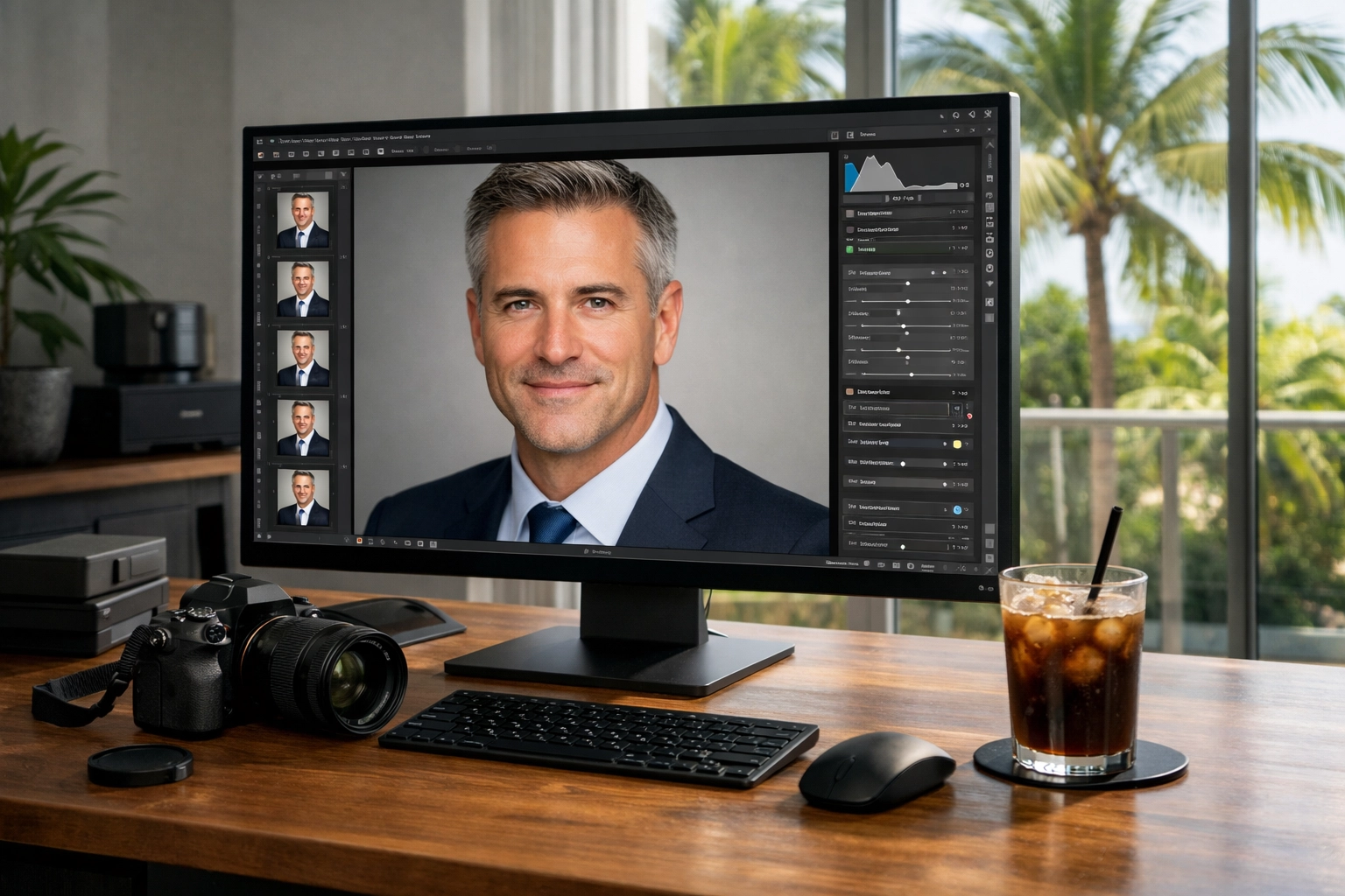 Professional Miami photography studio workspace showing corporate headshot retouching and post-processing.