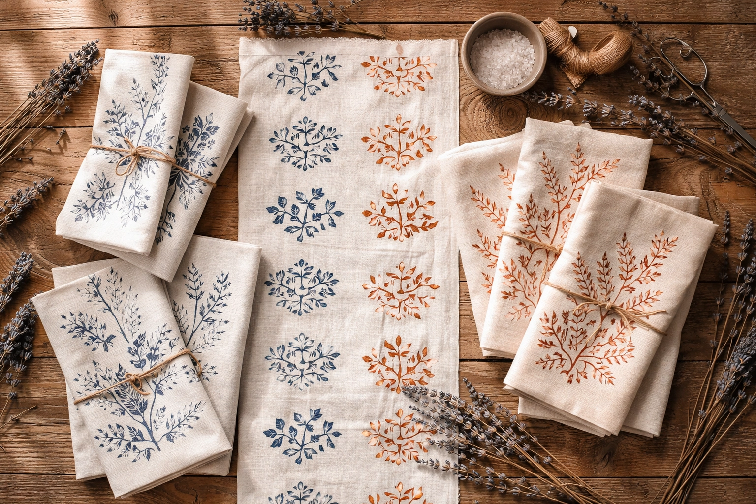 Hand-stamped block-printed linen napkins and table runner with botanical patterns on a rustic wood table