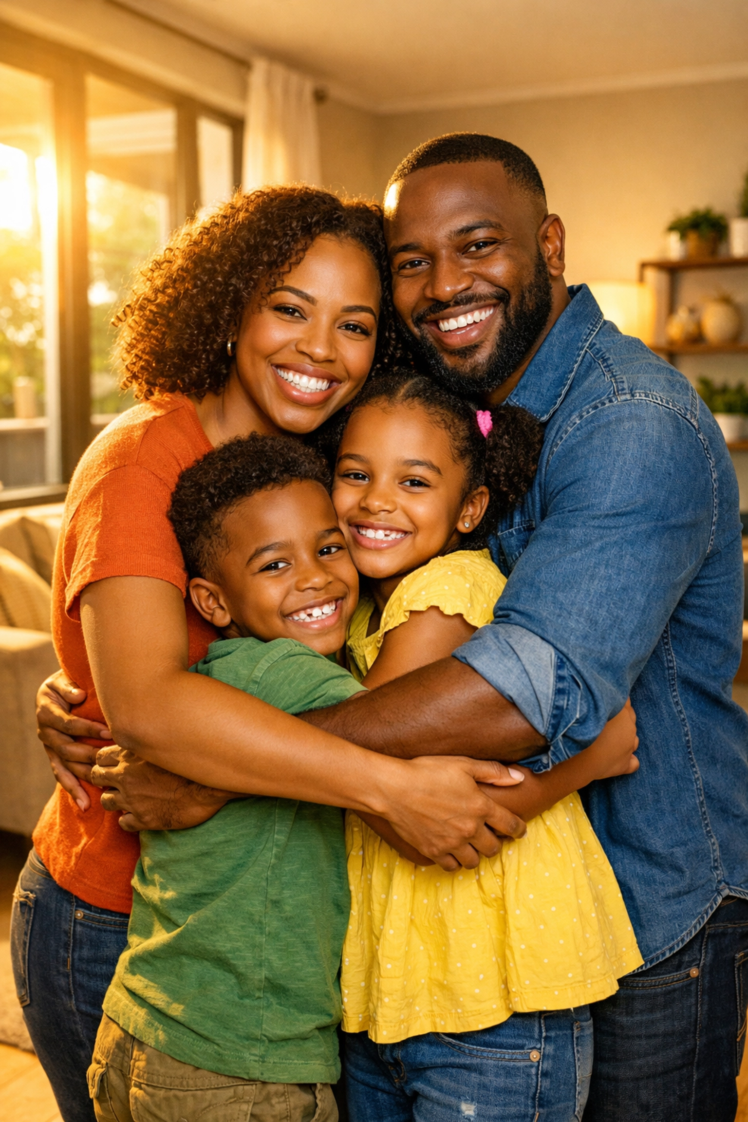 A happy Black family hugs in their bright New Jersey living room, representing stability and resilience after a crisis.